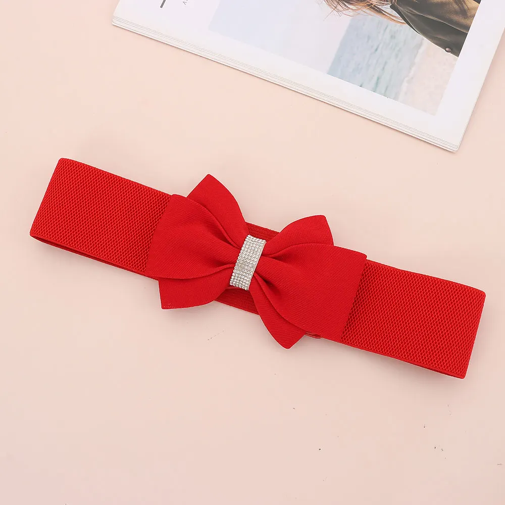 Adjustable Buckle Women's Elastic Wide Belt Plus Size Solid Color Elastic Bow Belt Rhinestone Stretch Belt for Dress Jeans