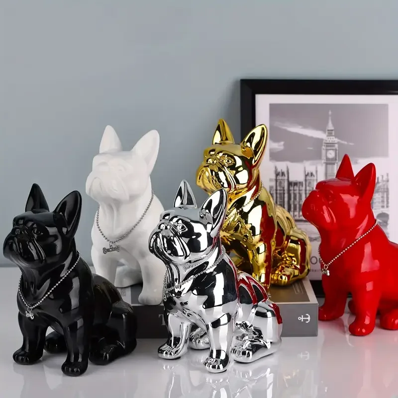 

Seated French Bulldog Statue Resin Dog Animal Sculpture with Silver Necklace Living Room Coffee Table Kitchen Cabinet Home Deco
