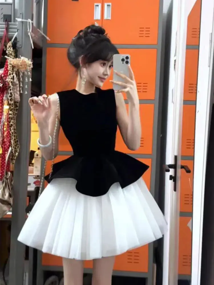 Französisches Retro-Samt-gespleißtes Ballett-Stil-Mesh-Prinzessinnenkleid, ärmellos, süßes Mädchen,