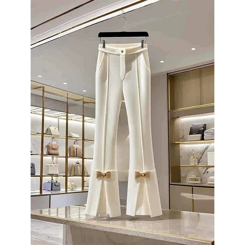 

High Waist Appear Thin White Wide Leg Women Spring Autumn Simplicity Office Lady Straight Fashion Bow All-match Casual Trousers
