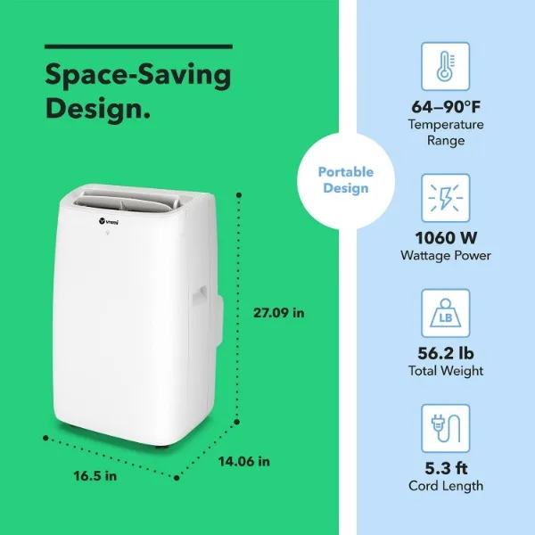 Vremi-Aire acondicionado portátil 12000 BTU con calor, Unidad de CA fácil de mover para habitaciones de hasta 350 pies cuadrados, con potente ventilador de refrigeración