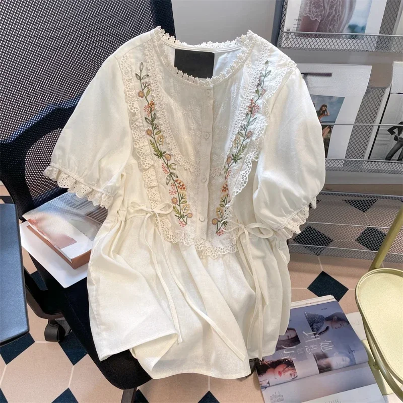 

French Elegant Blouses Lace Embroidery Draw String Design Puff Sleeve Shirts Chic Summer Casual Loose All Match Women's Clothing