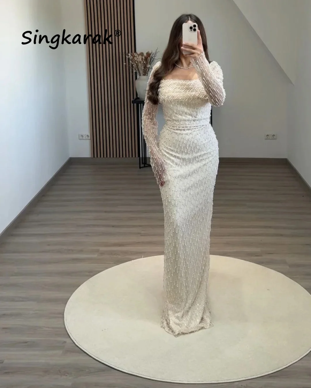 

Customized Elegant white Long Sleeves Pearls Luxury Evening Dresses 2025 Party Dress Elegant Mermaid Prom Gown Long Vestidos