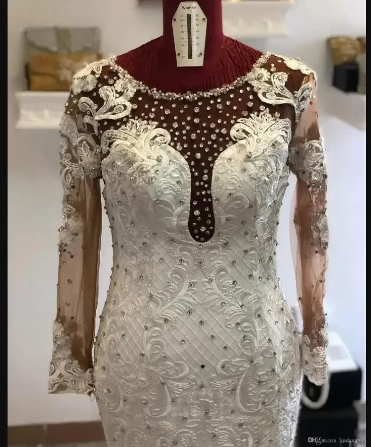 تخصيص مثير مطرز بلورات مغرفة العنق حورية البحر فساتين الزفاف الدانتيل يزين خمر كم طويل أثواب الزفاف