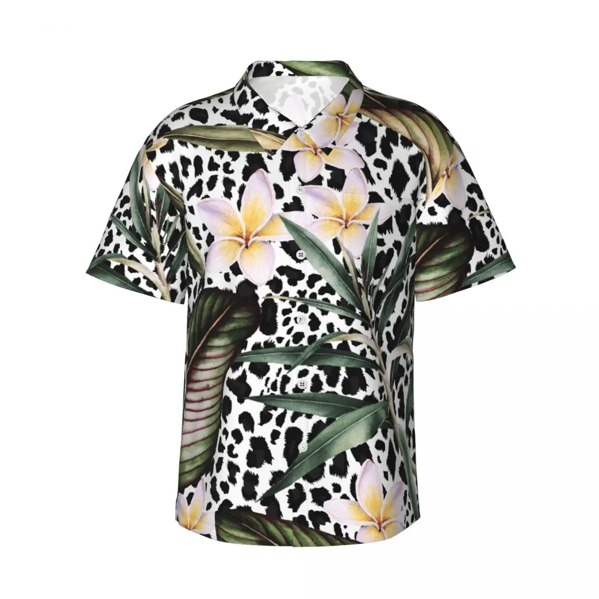 

Palm Leaves Casual Shirt Black Leopard Floral Print Retro Hawaiian Shirts Man Short Sleeve Beach Fashion Oversized Blouses