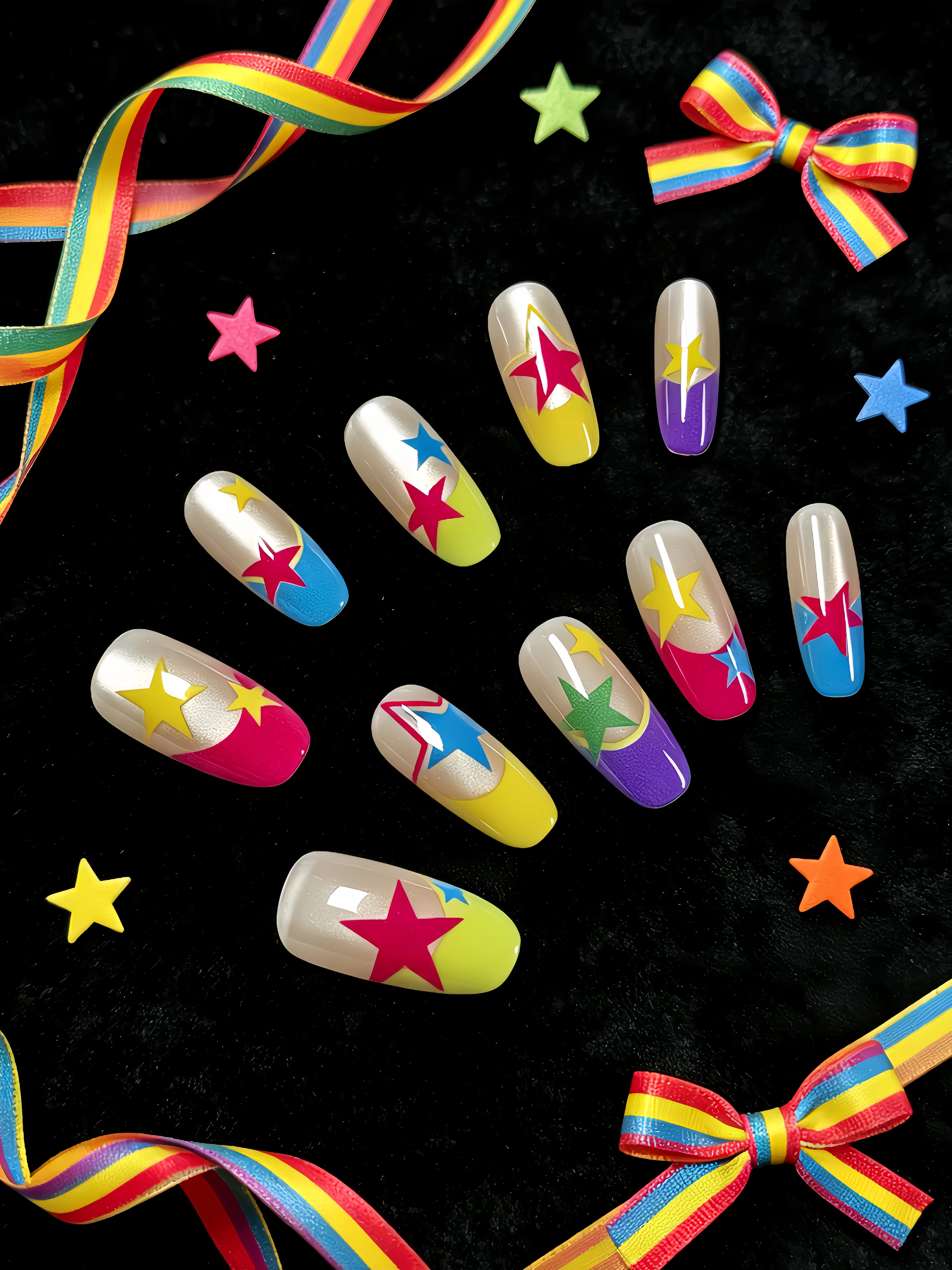 10 Medium-Length Oval-Shaped Press-On Nails, with a Nude Pink Base Paired with High-Saturation Red, Yellow, Blue, and Green Tones, Featuring Star Lines and French-Style Edging, Y2K Gothic Nail Stickers, Dopamine Color-Blocking, Suitable for Students, Sweet Cool Girls, Hot Girls, Mature Women, Niche Personality Outfits, Fake Nails for Everyday Use, Study, Work, Class, Clubbing, Music Festivals, Includes One Jelly Glue and One Nail File