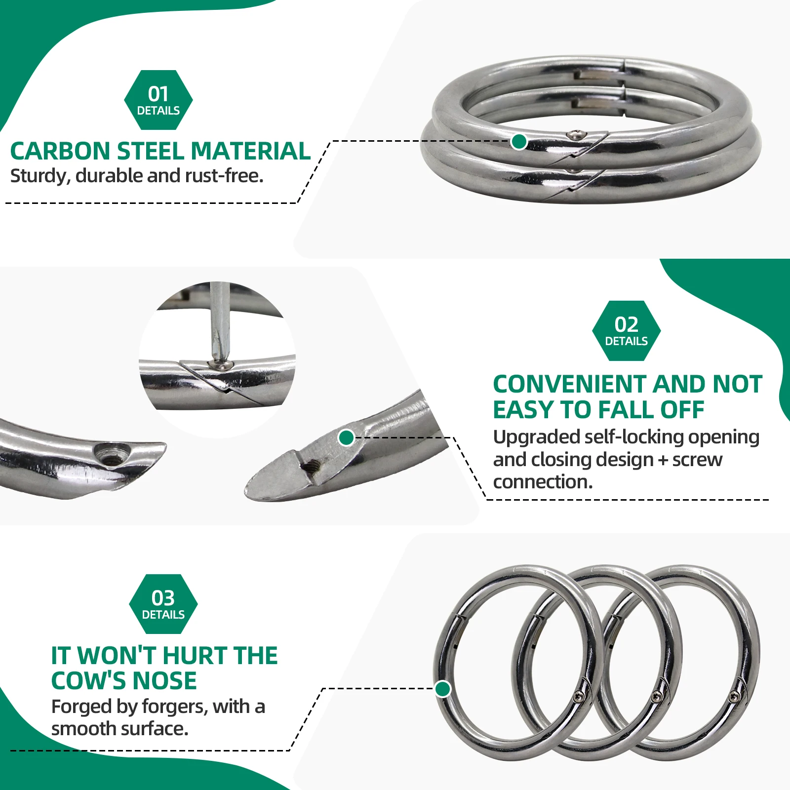 1Pcs Metal Cattle Nose Rings Bull Ox Cow Bovine Traction Clamp Farm Animal Livestock Nose Clips Farm Animal Supplies 8.6/10.2cm