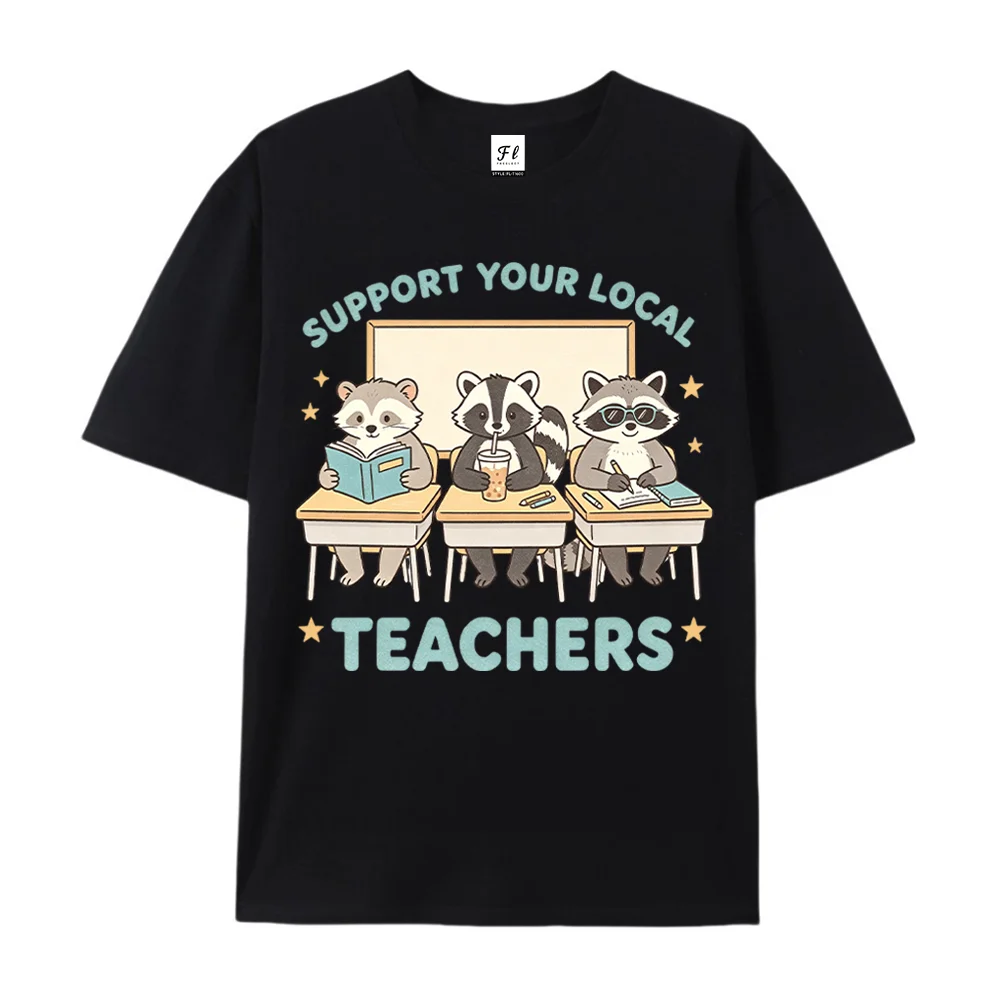 Women Support Your Local Teachers Raccoon Graphic Print Short Sleeve T Shirt Casual Funny Teacher Appreciation Summer Top ﻿