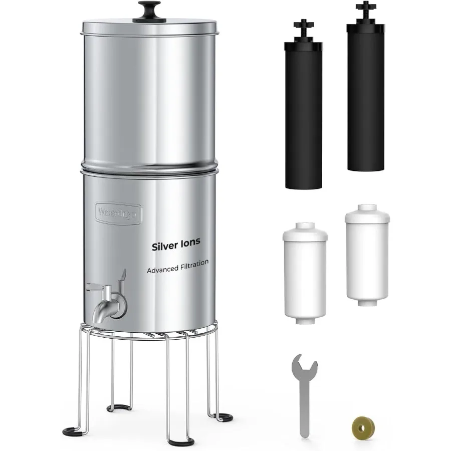 Sistema di filtraggio dell'acqua alimentato a gravità con filtrazione migliorata agli ioni d'argento riduce il fluoruro e fino a 99 cloro Include 4 filtri