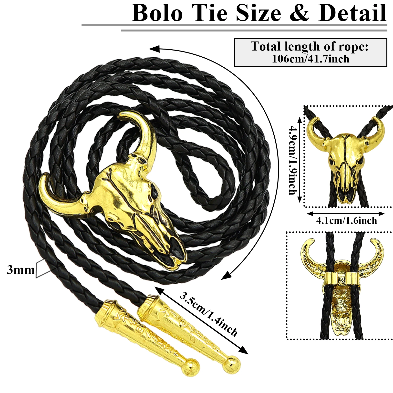 Herren Western Vintage Bolo Krawatte Kuh Totenkopf Design Schwarz Leder Seil Cowboy Krawatte mit Stierkopf Anhänger Schmuck Geschenk Unisex – Detail 3