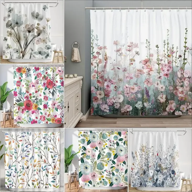 Colorful Flower Dhower Curtain, Watercolor Floral Romantic Wildflower Plants Nature Scenery Girl Pink Flower Bathroom Decoration