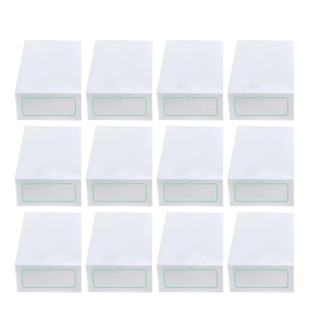 

12PCS Shoes Boxes Thickened Transparent Stackable Plastic Shoes Storage Case Shoe Container - Size L (White)