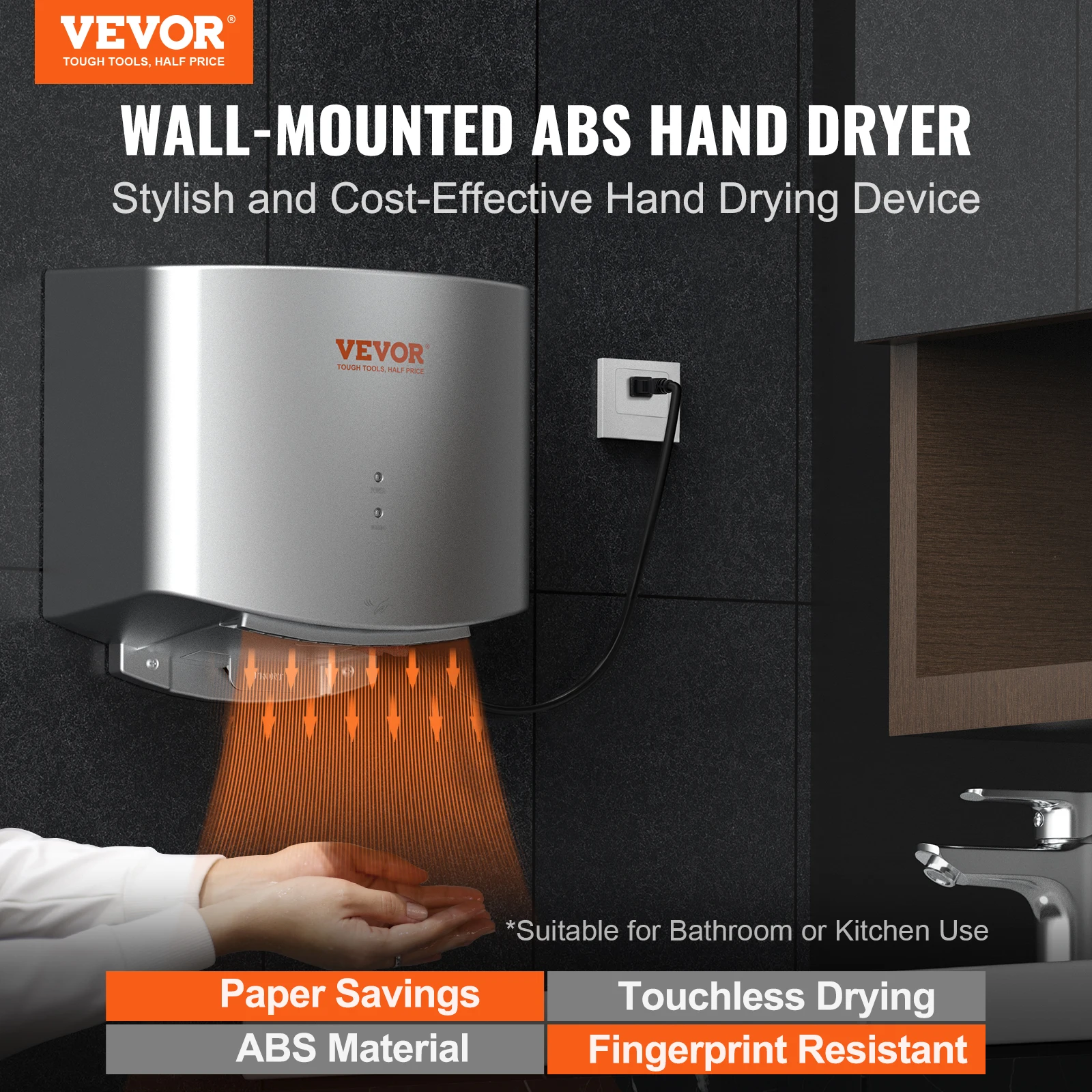 VEVOR Heavy Duty Commercial Hand Dryer 1400W Automatic High Speed Warm Wind Hand Blower Built-In Filter Sponge for Industry Home