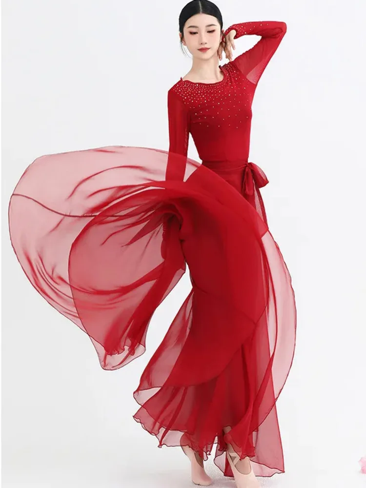

Red Elegant Rhinestone Mesh Ballet Dance Dress – Long Sleeve Slim Fit Performance Costume for Stage and Rehearsal