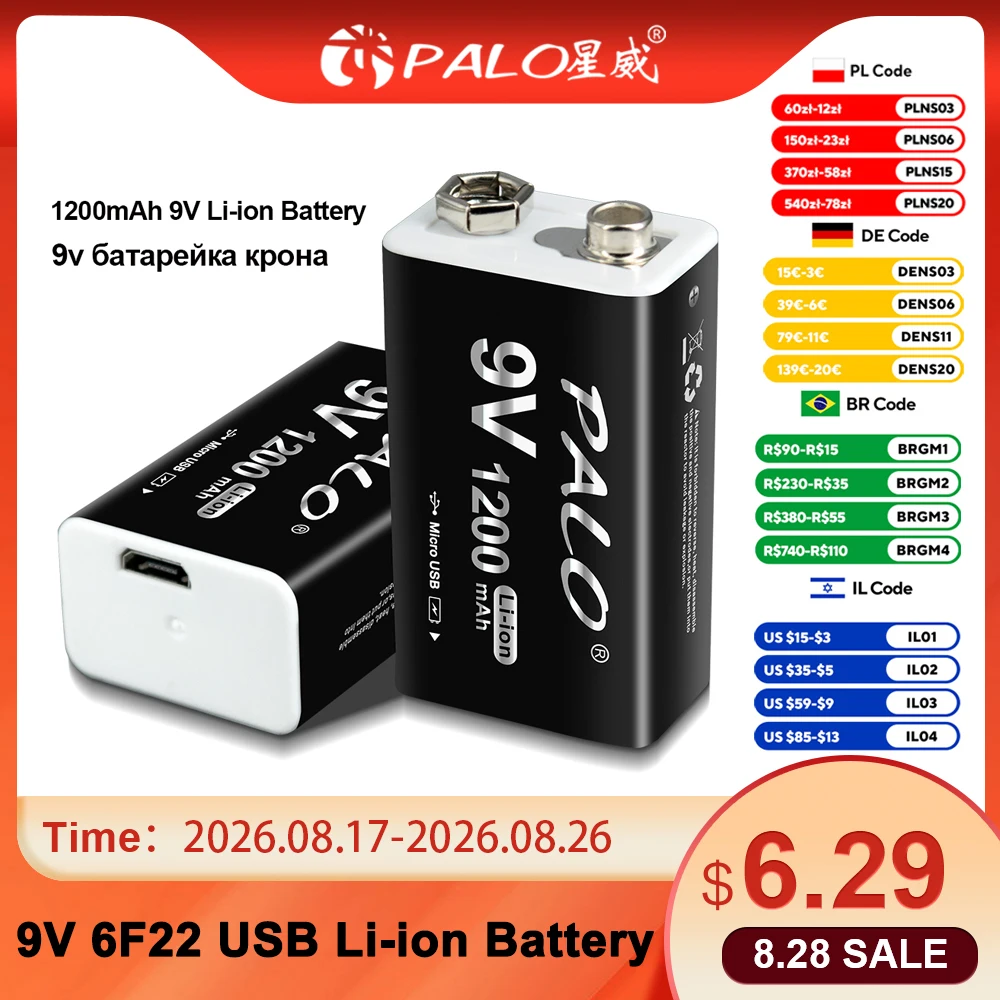 PLAO 1200mAh 9V Li-Ion Akku Micro USB Batterien 6F22 Lithium 9V Batterie für Mikrofon