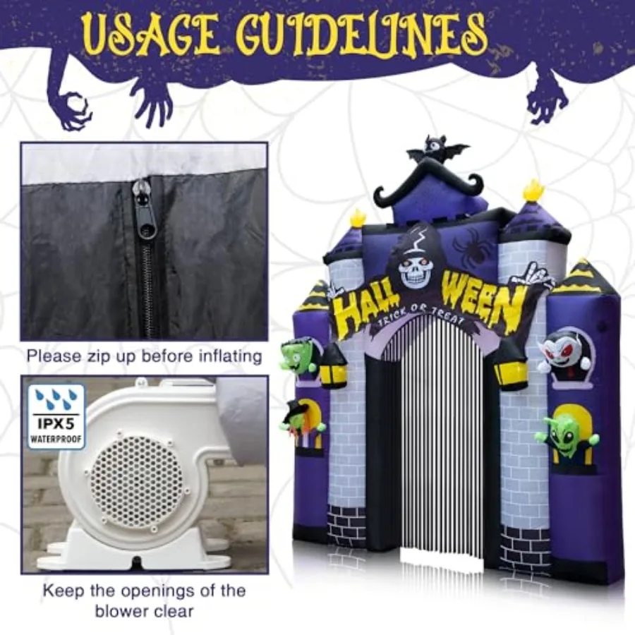 Halloween Opblaasbaar 2023 Kasteel 11.5FT met Deur LED Verlichting Spookhuis Boog voor Halloween Decoraties Outdoor Blow up Y