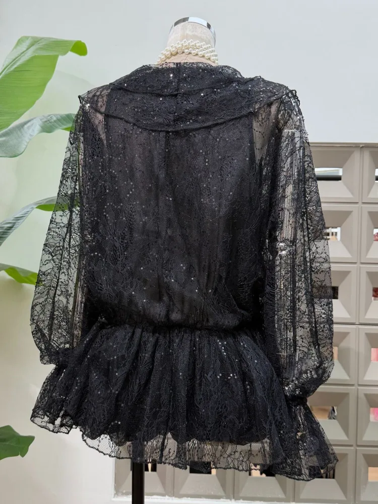 DFDG 025 فستان نسائي مصمم بأكمام طويلة من الدانتيل فستان شفاف مكشكش مرقع للربيع والصيف فستان أنيق عصري #5