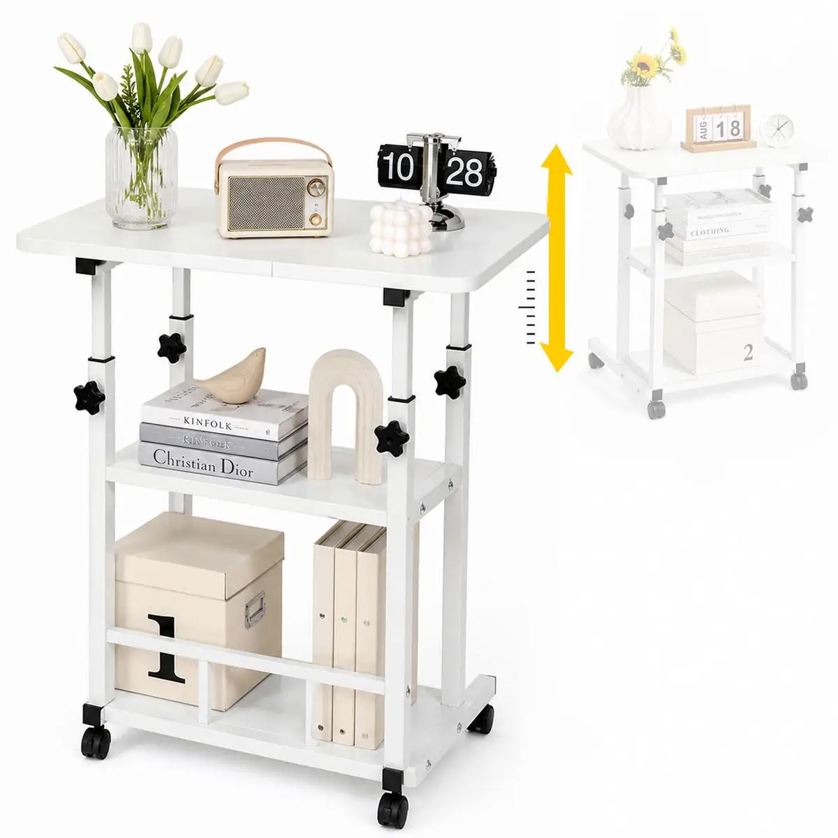 3-Tier Adjustable Height Rolling Cart Heavy Duty Metal Utility Trolley with Lockable Wheels Waterproof Storage Organizer Rack for Kitchen Baking Living Room Sofa Side Table Home Office Mobile Drink Holder Multi-Purpose Shelving Unit