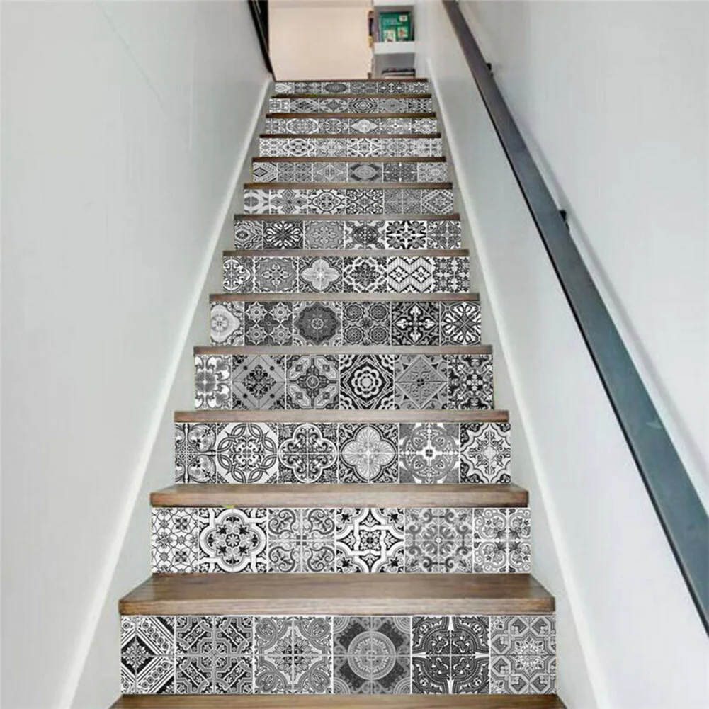 Vinyl Stair Mural Decals Featuring 3D Ceramic Tile Texture for Modern Stairway Enhancement in Home Environments