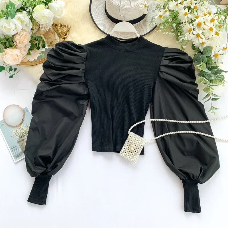 

Autumn Fold Long Puff Sleeve Ins Tight Short Crop Tops Women Solid Color Round Neck Casual Shirts Blusas Femininas Elegante J650