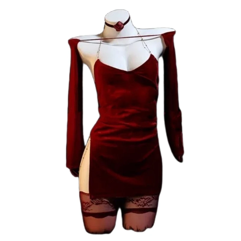 

Sexy Rose Red Dress Women High Slit Velvet Nightdress Goddess Cosplay Costume Bodycon Nightdress Backless See Through Underwear