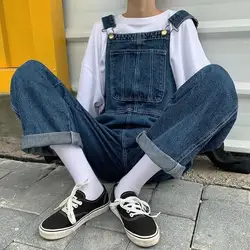 5XL Large Size Jumpsuit Women's Jeans Rompers Retro Big Pocket Loose Denim Overalls Korean Shoulder Strap Wide-leg Overalls