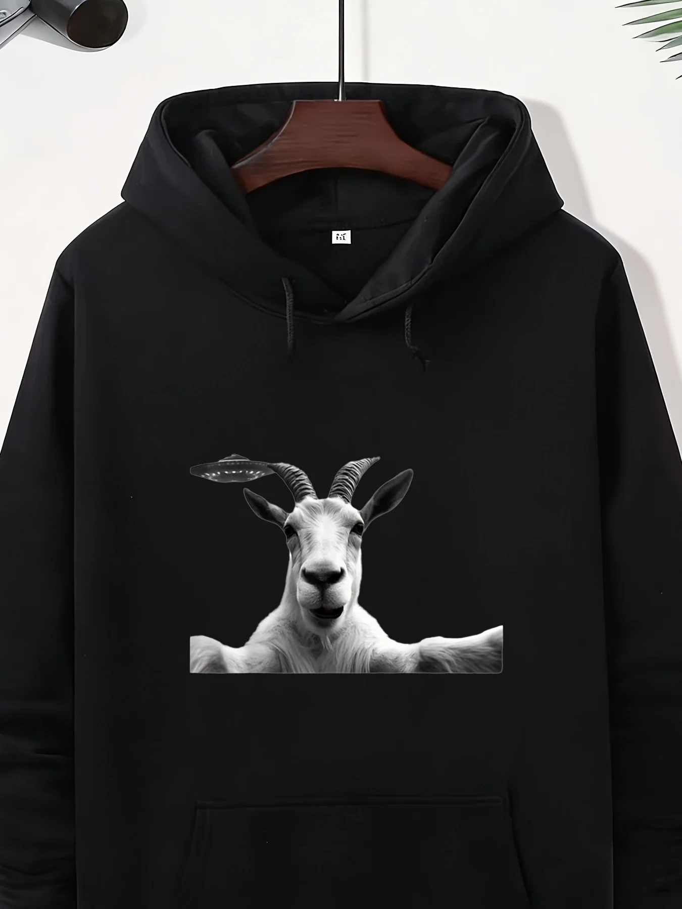 A Humorous Alien UFO Goat Fun Cartoon-style Goat Design Featuring UFO and Forest Scenes, Men's Casual Crew Neck All-season Comfortable Versatile Pixian Ai Men's Printed Hoodie, Casual Polyester Knit Fabric, Hooded Sweatshirt with Drawstrings