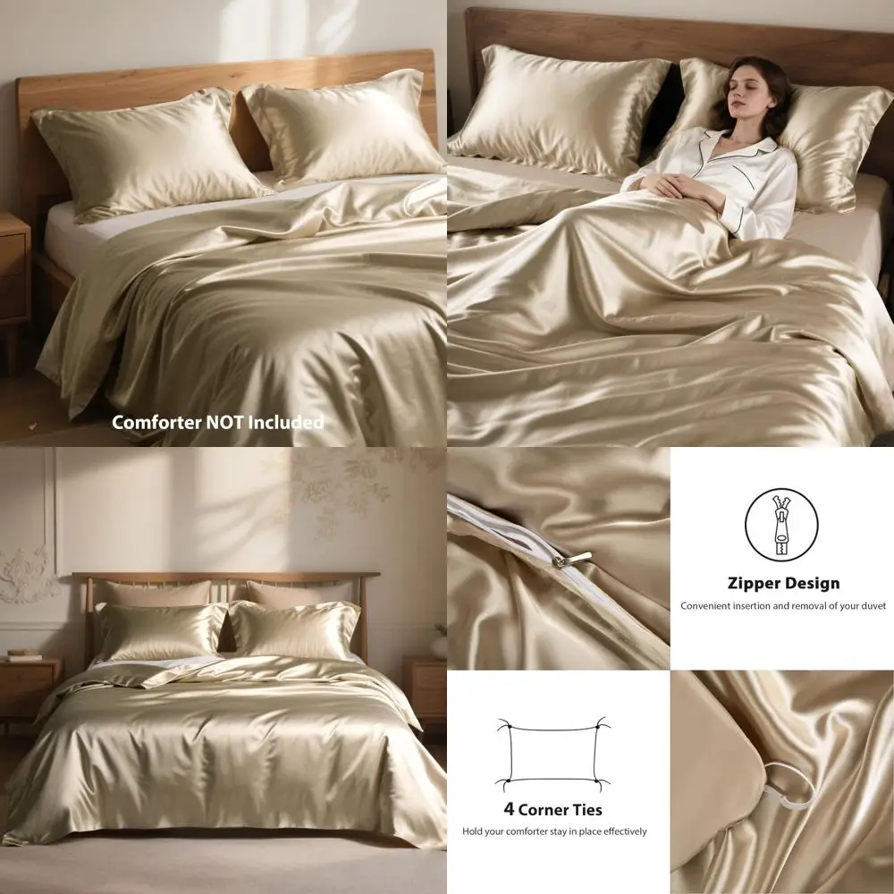 킹 사이즈 샴페인 골드 새틴 이불 커버 세트, 지퍼 클로저가 있는 3피스 럭셔리 소프트 침구
