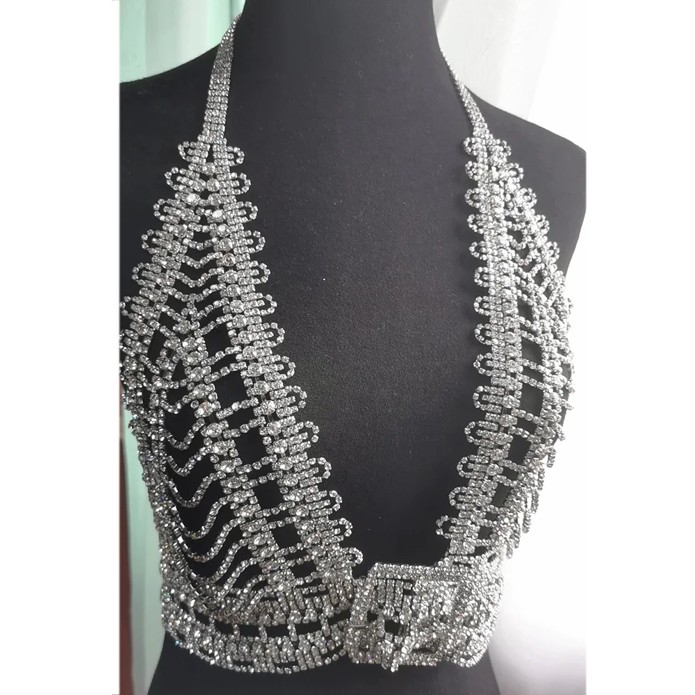 Sexy Deep V Neck Rhinestone Tops for Women Fashion Show Crystal Body Chain Jewelry Belts