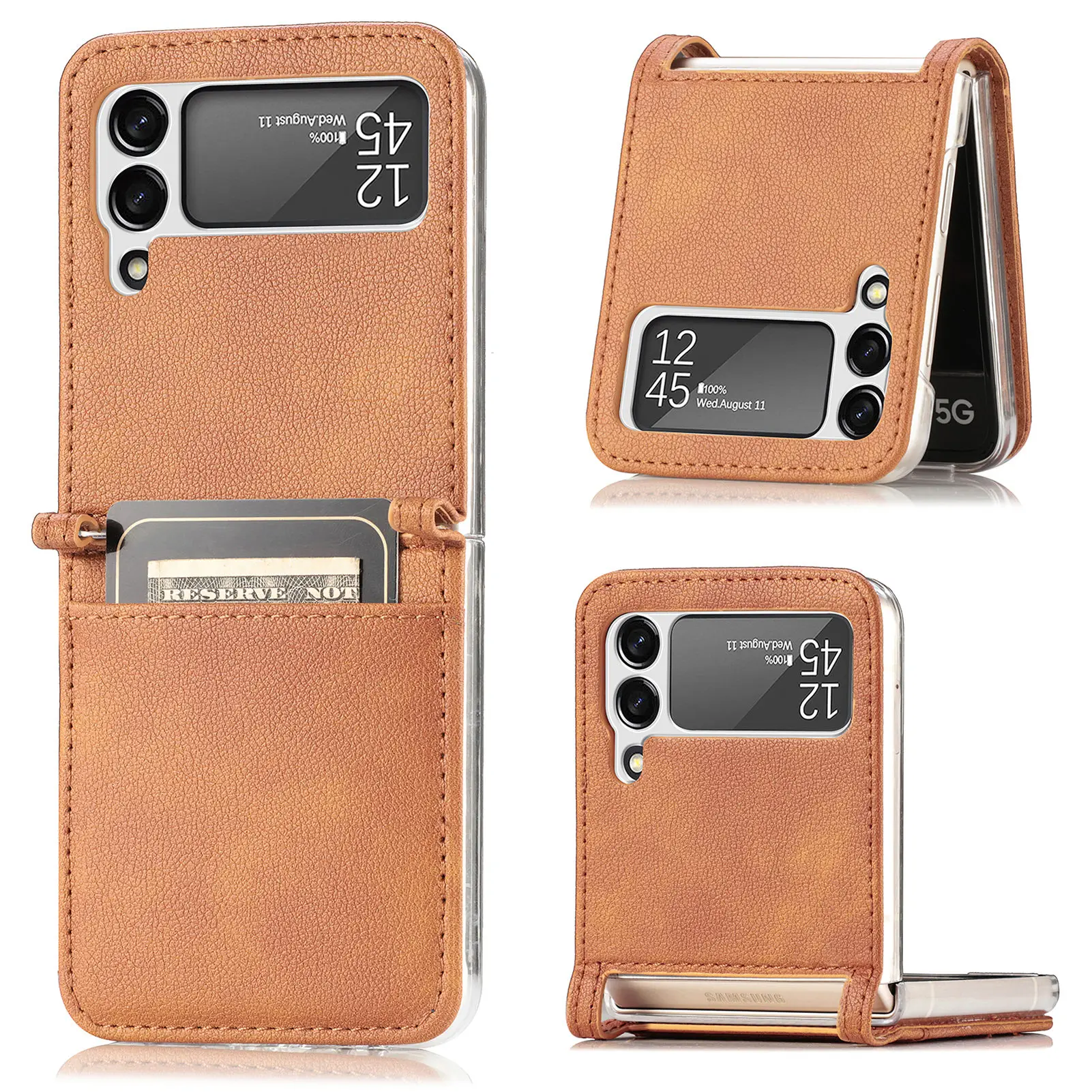 Thin Card Slot Leather Case for Samsung Galaxy Z Flip 6 5 3 flip6 Flip5 Flip4 Flip 4 2 Flip2 Flip3 5G Protective Phone Cover