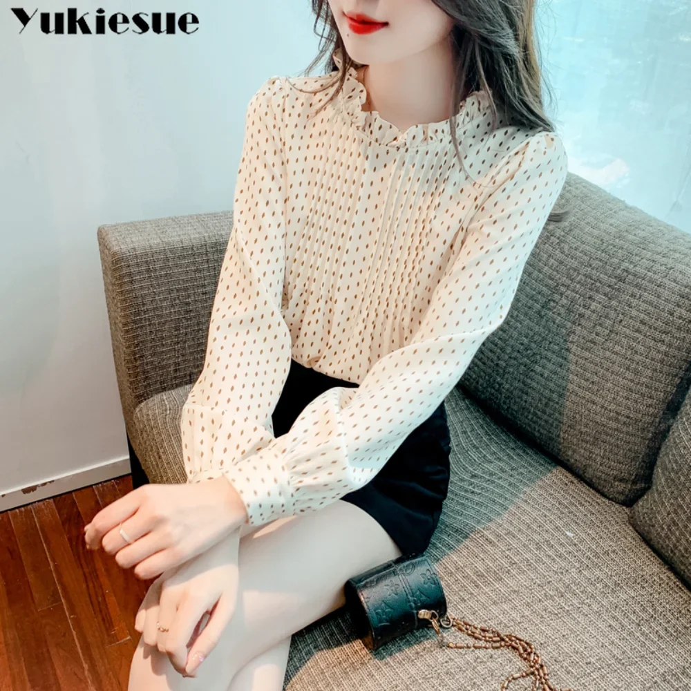 Col pressé plissé imprimé chemise printemps Style col montant en mousseline de soie chemise femmes à manches longues esthétique coréen vent doux