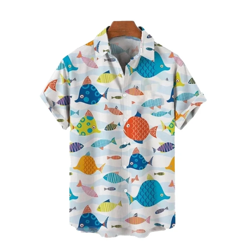 Fresh Ocean Style Cartoon Fish Print Short Sleeved Men's Summer Loose Couple Versatile Shirt