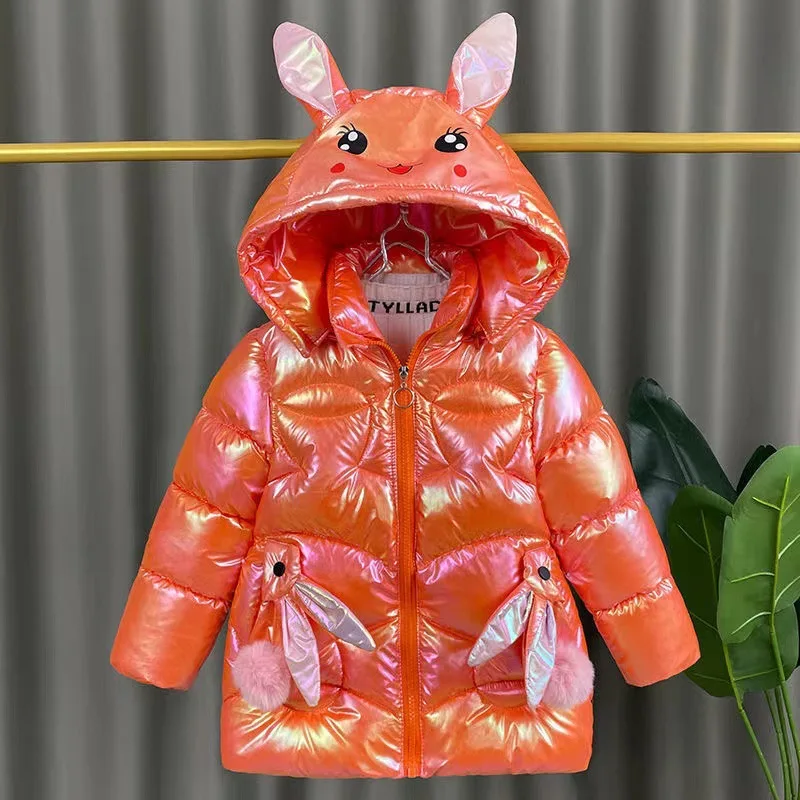 2025 Winter Jacket For Girls Coat Cute Rabbit Ears Waterproof Shiny Hooded Children Outerwear 1-6 Year Baby Kids Parkas Snowsuit