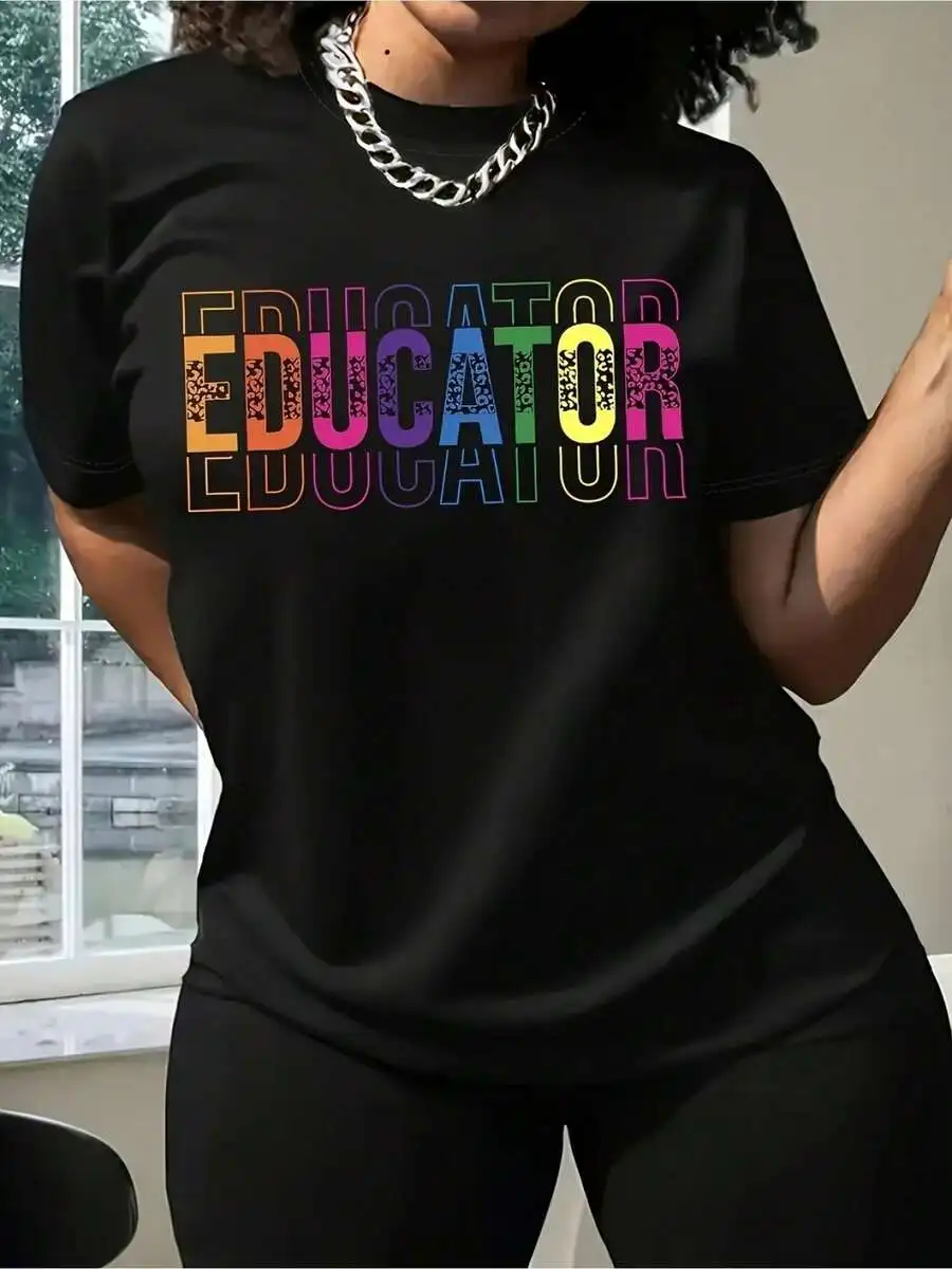 Women One Casual Educator Graphic Black Crew Neck Top Featuring Bright Colorful Text Ideal For Year-Round Wear Easy To Clean Fit Cozy Design Suitable