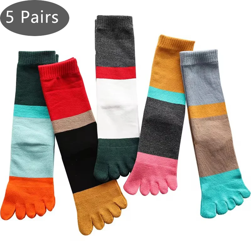 5 Pairs Women Toe Long Socks Girl Cotton Striped Stitching Color Soft Elastic Endurable 5 Finger Happy Harajuku Socks 4 Seasons