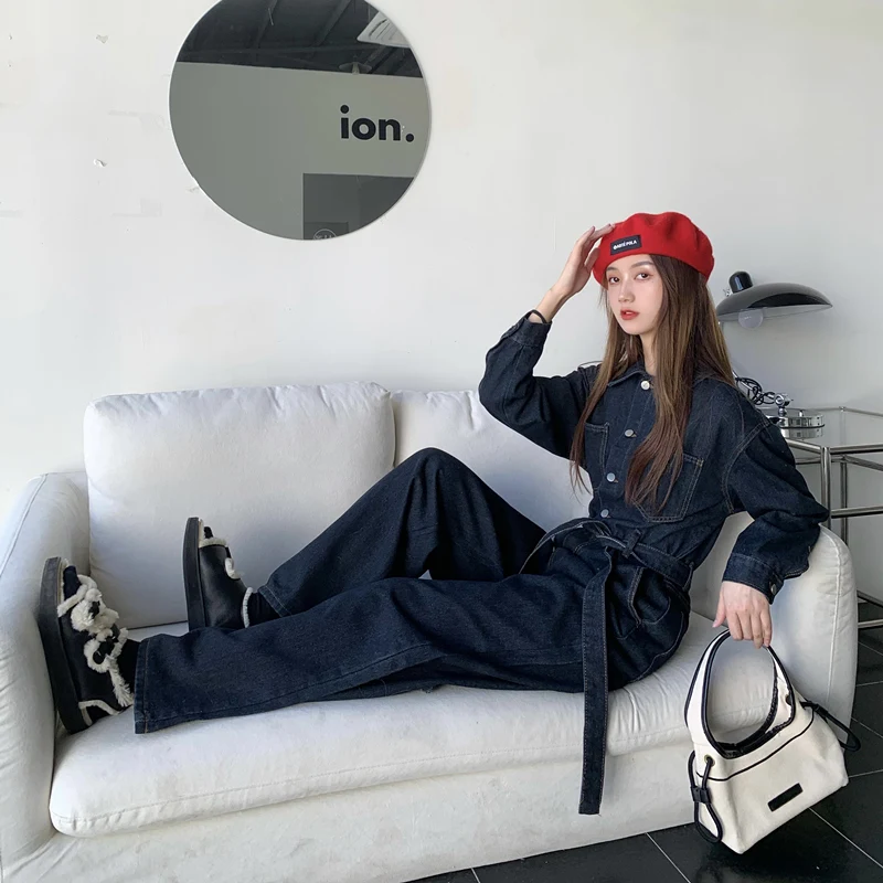 2025 Lente Nieuwe Koreaanse Mode Effen Kleur Losse Tailleband Denim Jumpsuit Vrouwen Lange Mouwen College Stijl Jeans Broek