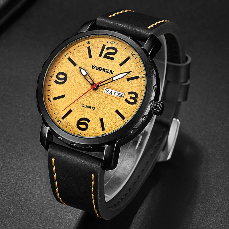 yashidun marca masculina relógio de quartzo relógio esportivo data pulseira de couro genuíno casual relógio de pulso à prova dwaterproof água reloj hombre