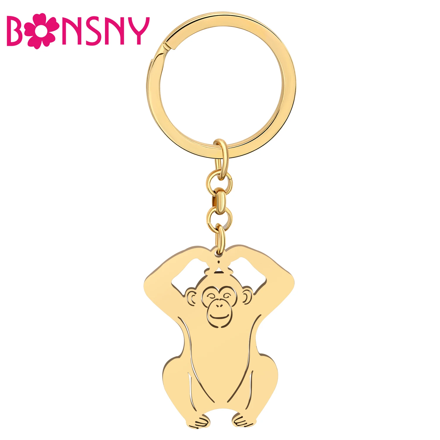 Bonsny Stainless Steel Gold-plated Monkey Orangutan Keychains Cute Animals Key Chains Keyring Jewelry For Women Girls Gifts