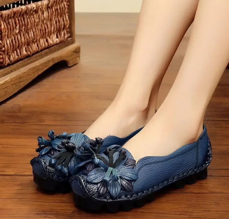 Retro Shoes Flats Women\'s Floral Ballet Shoes Ladies Real Leather Loafers Woman Sole Shockproof Moccasins Blue Shoe