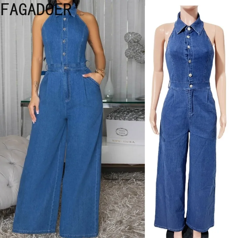 

FAGADOER Retro Fashion Bodycon Denim Jumpsuits Woman Solid Color Halter Backless Straight Rompers Female Streetwear Overalls