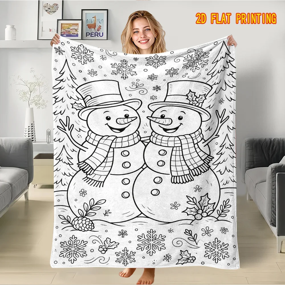 1pc 2D Flat Christmas Snowman DIY Coloring Blanket, Hand-drawn Line Art with Two Hat Snowmen, Pine, Snowflake & Holly