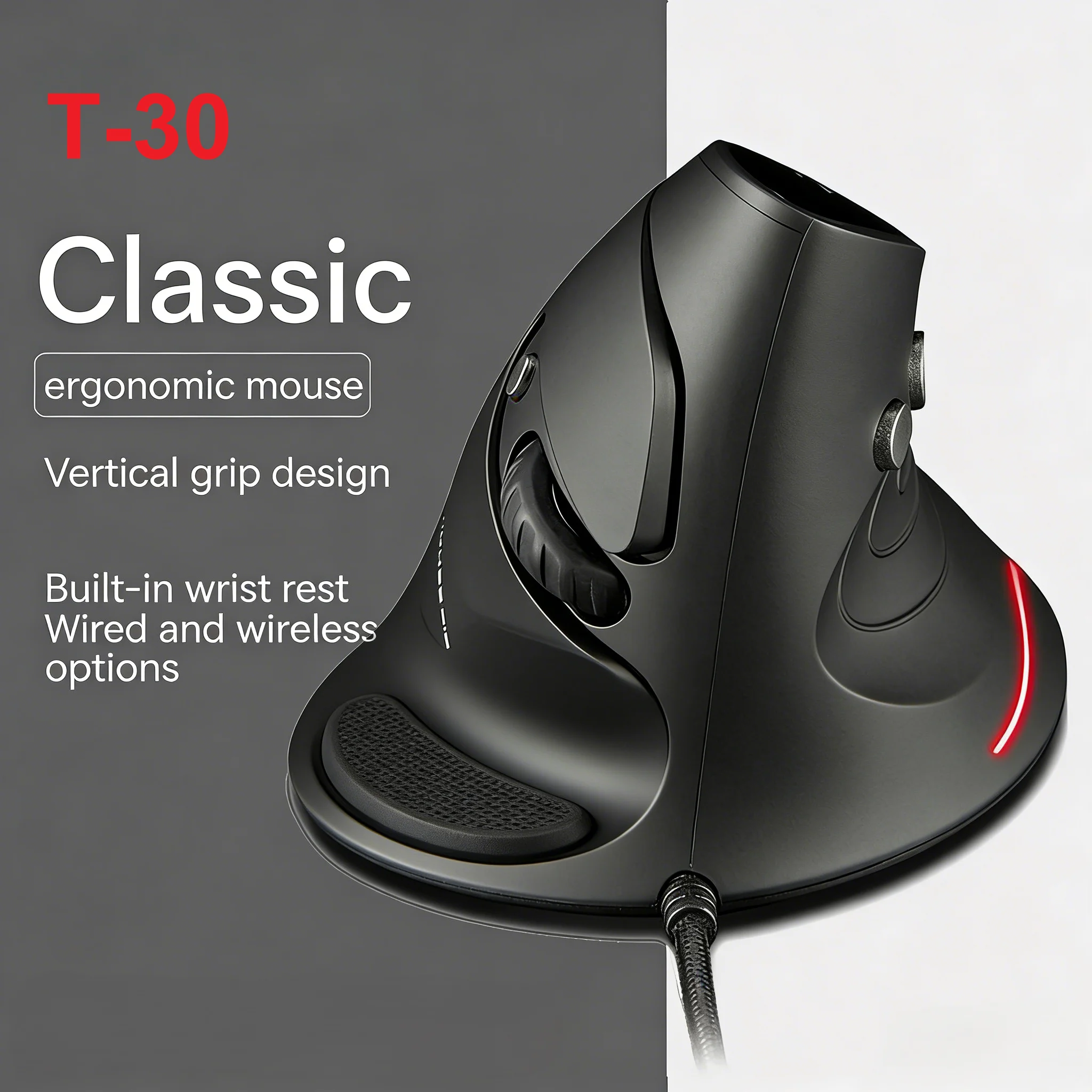 ZELOTES T-30 Vertical Optical Mouse Wired Upright Mouse USB Wired Gaming Mouse 6 Keys Ergonomic Mice with 3200 DPI for PC Laptop