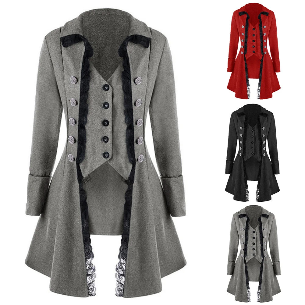 Retro Woman Gothic Coats Jacket Single Breasted Button Lace Edge Long Coats Blazer Victorian Costume Coat Clothing For Women