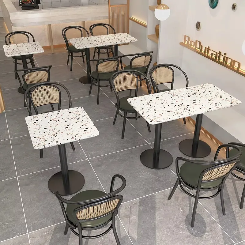 Southeast Asia Wind Woven Rattan Iron Dining Table Chair Combination PU Wood Square For Hotels Cafes Malls Tea Coffee Shops Tabl