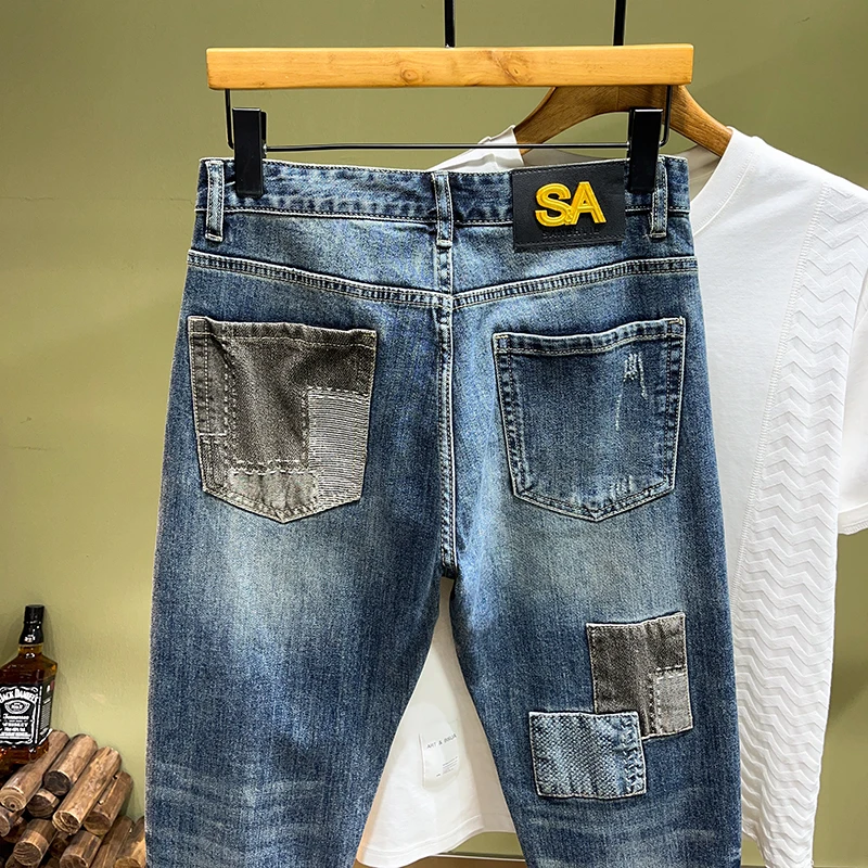 TC3027 بنطلون جينز رجالي ماركة High Street Tide رقعة ربط ضيقة صغيرة مستقيمة الساق بنطلون مطرز ثقيل عصابة وسيم
