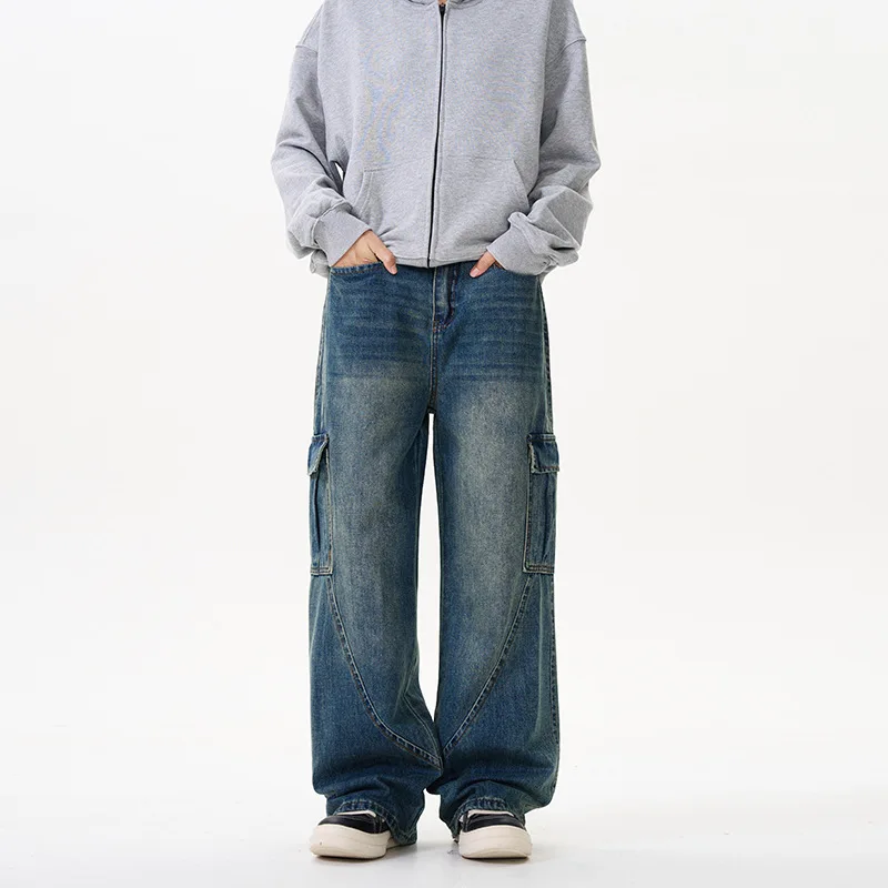 

American Large Pocket Washed Workwear Jeans Men's Spliced Wide Leg High Street Drag Trousers