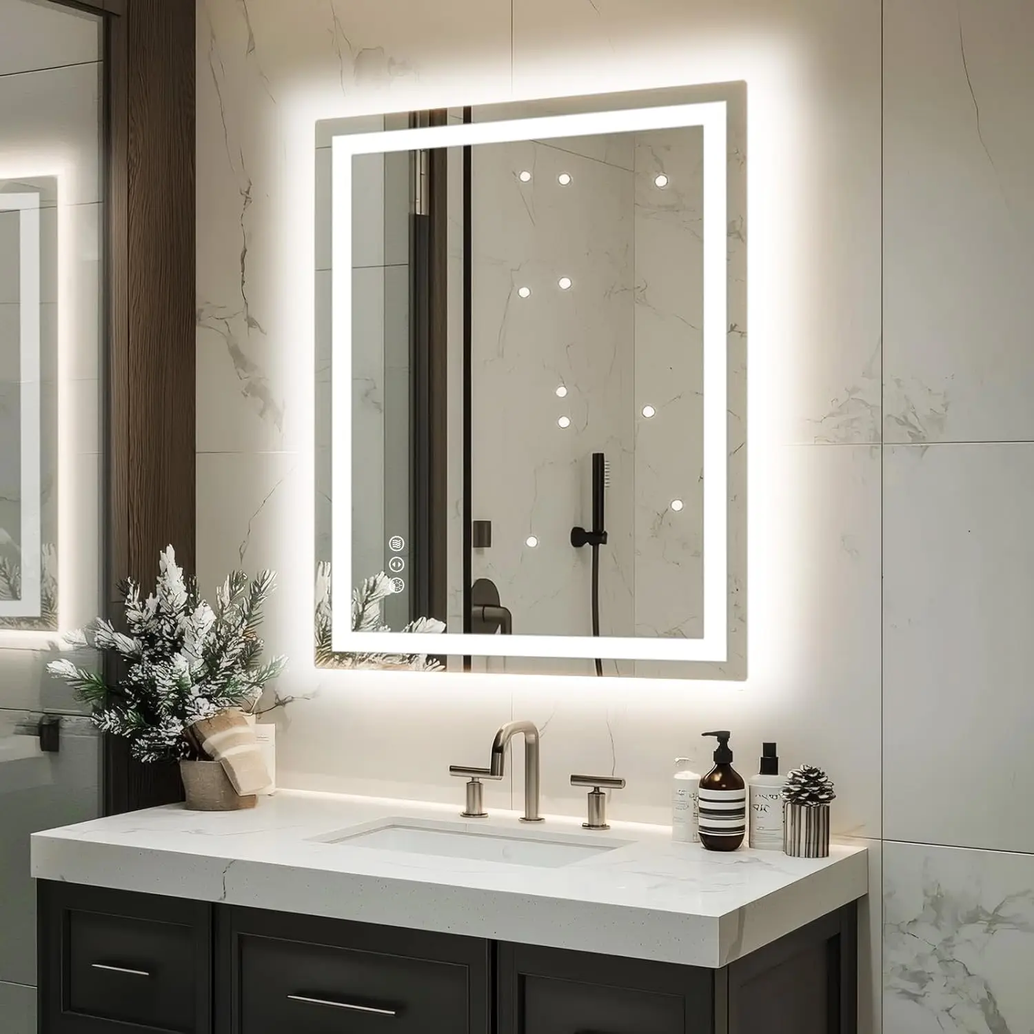 

Зеркало для ванной 32x24 с LED-подсветкой, диммируемое, 3 цвета, с задней и передней подсветкой, из закаленного стекла