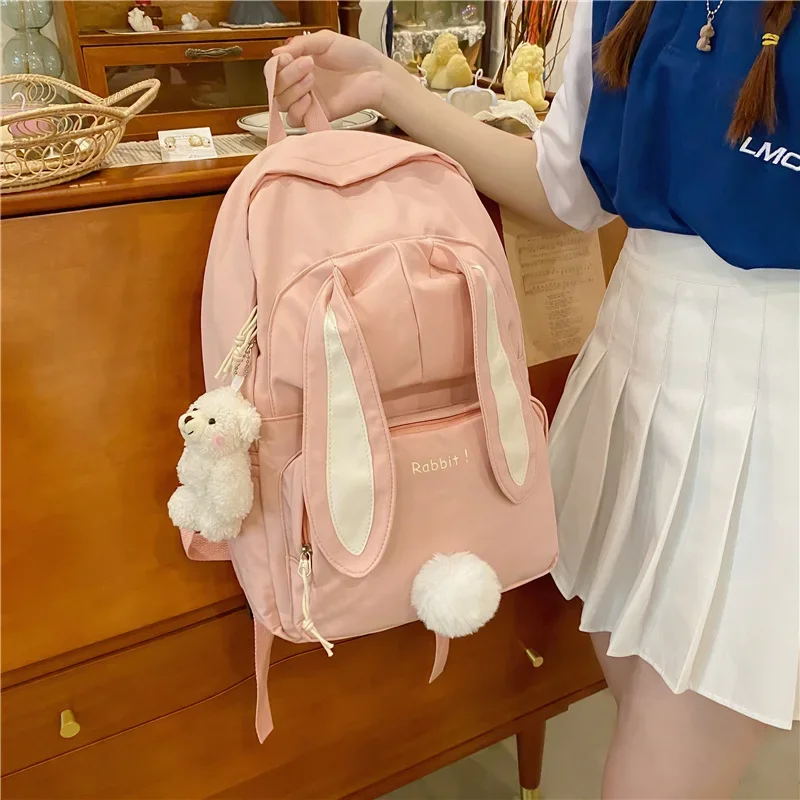 Sevimli tavşan genç kız okul sırt çantası kadın büyük kapasiteli Kawaii geri paketi Mochila pembe kadın sırt çantası naylon karikatür Schoolbag