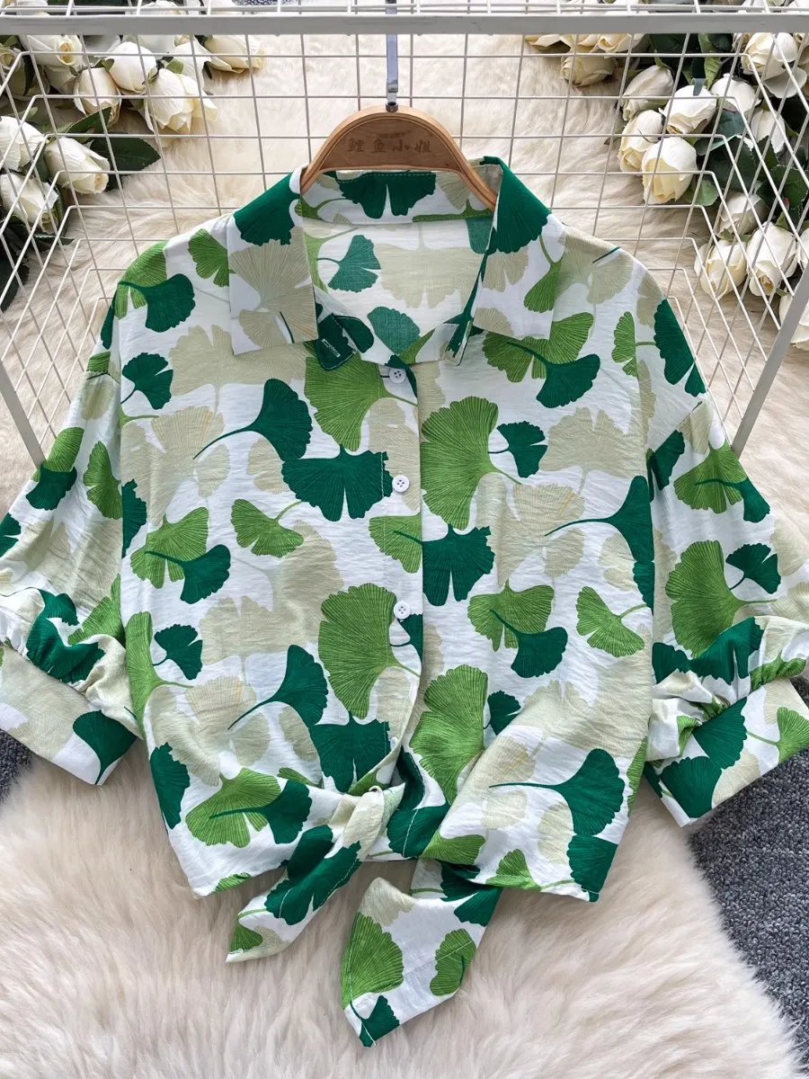 Foamlina Cross Tie Up Taille Afslankende bedrukte blouse Dames zomer nieuwe chique lantaarnmouwen van hoge kwaliteit shirt top