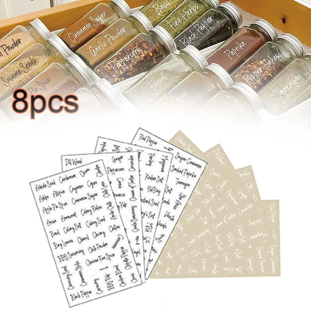 Transparent Spice Labels Preprinted Black White Letter Stickers Kitchen Seasoning Self-Adhesive Jars Labels Waterproof Cans B1F9